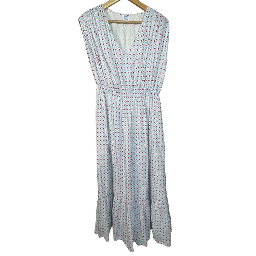 Mer St Barth Maxi Dress Blue‎ White Red Geometric Print Smocked Waist V Neck L